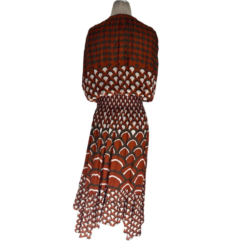 Ramy Brook Elie V-Neck Smocked Midi Dress in Amber Retro Large Womens Blouson - Picture 7 of 10